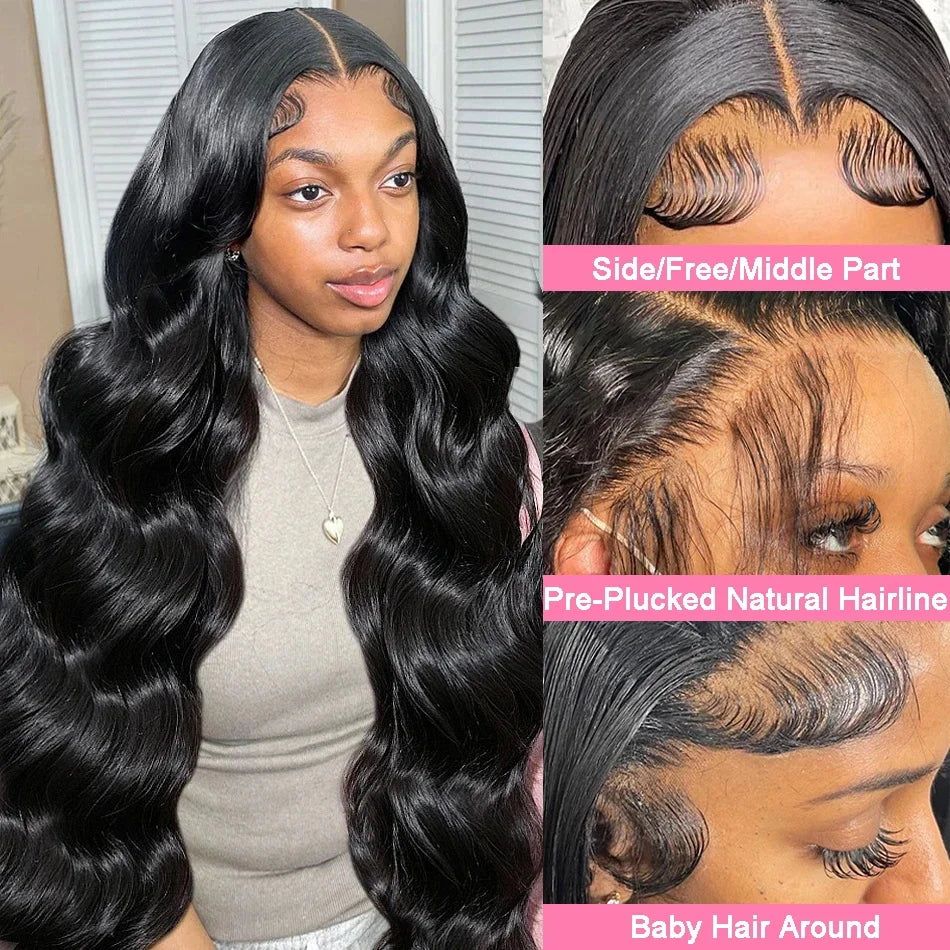 Perruque en cheveux humains Body Wave avec lace frontale HD transparente 13x6, disponible en 30 à 40 pouces. Perruque lace frontale HD 360° ou 13x4, pré-épilée avec une ligne de cheveux naturelle.