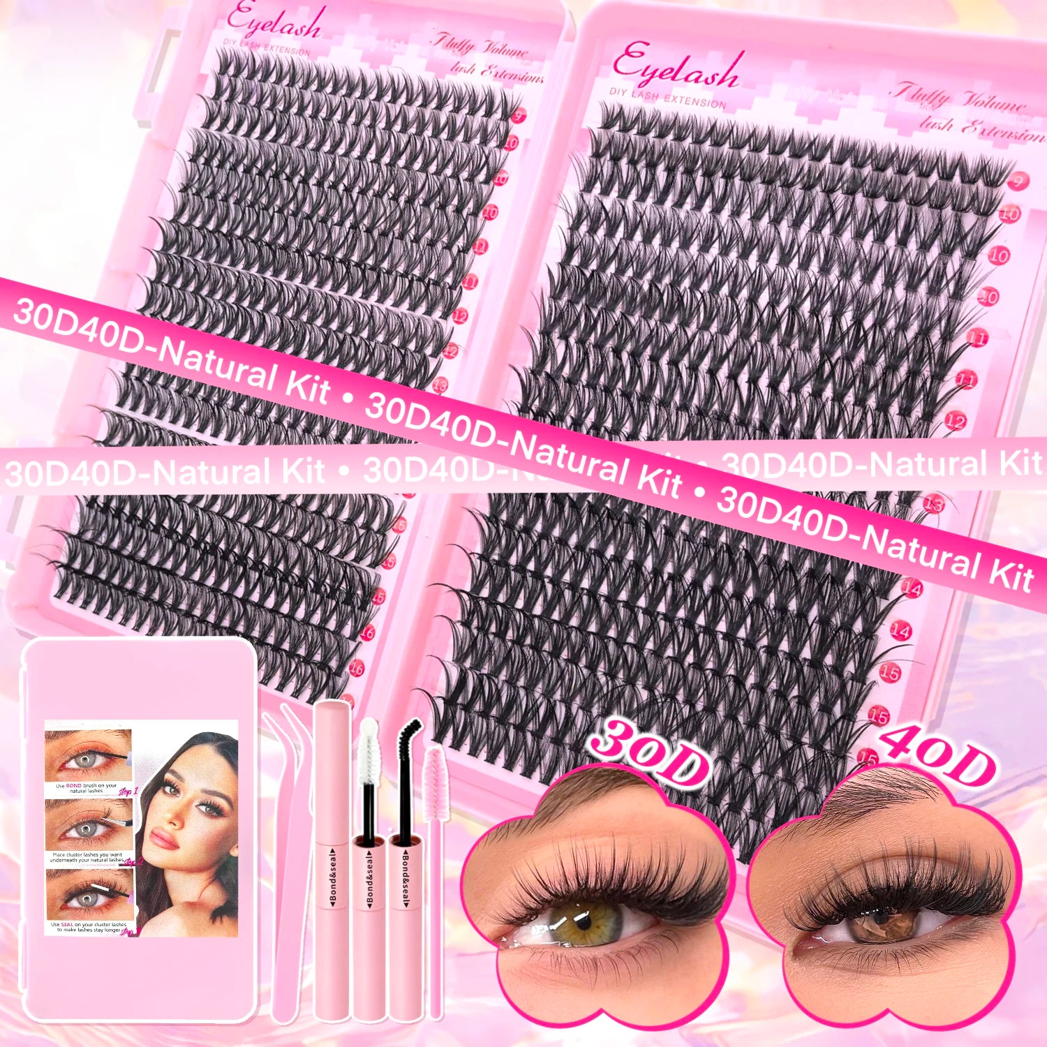 Kit d’extensions de cils DIY en bouquets – Faux cils individuels à poser soi-même, longueurs de 9 à 16 mm. Effet léger et naturel (wispy). Kit complet incluant colle (bond) et fixateur (seal) pour une meilleure tenue des cils