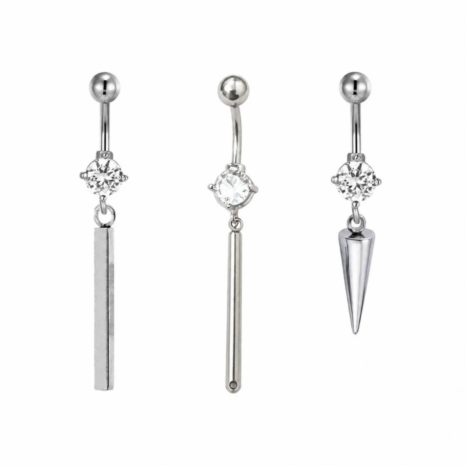 Piercing de nombril 14G en titane – barre de barbell, acier inoxydable, pendentif à strass en forme de pointe cône, style minimaliste punk, bijou de corps pour homme et femme