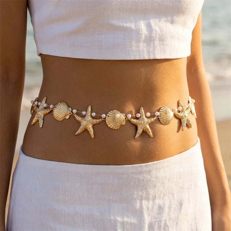 Chaîne de taille bohème en métal avec étoile de mer et coquillages pour femmes et filles, chaîne de ventre perlée sexy pour l'été, la plage, le bikini, les fêtes et les vacances