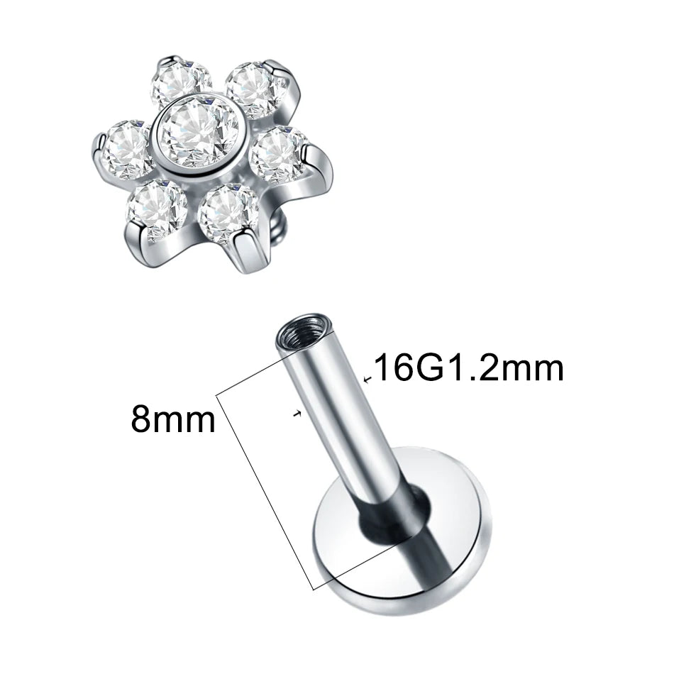 Boucle d'oreille en titane G23, Labret, Tragus, clou, filetage interne, anneaux à lèvres en Zircon, Cartilage Helix, Piercing, bijoux pour le corps, 16G, 1 pièce