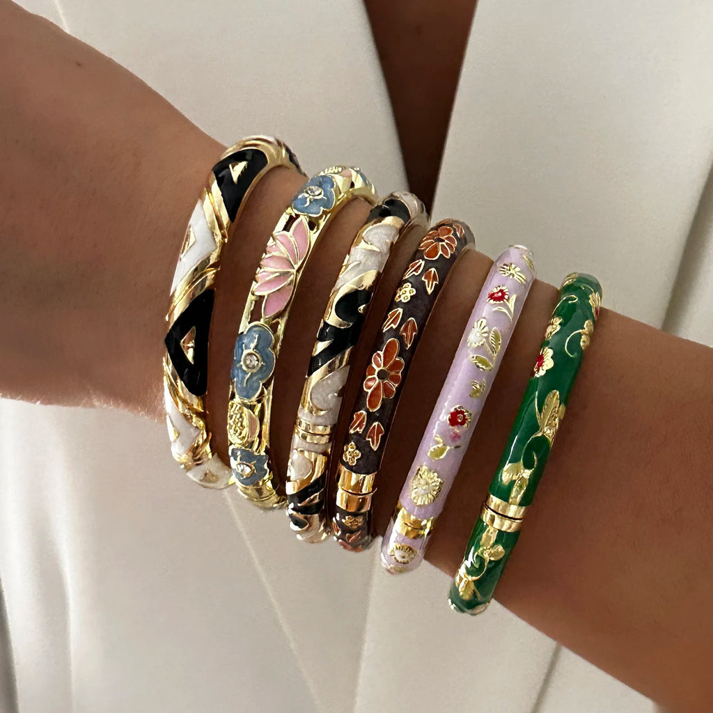 Bracelet élégant en émail goutte d'eau à texture florale pour femme, plaqué or rétro, avec zircon floral et motif œil porte-bonheur, bijou de fête