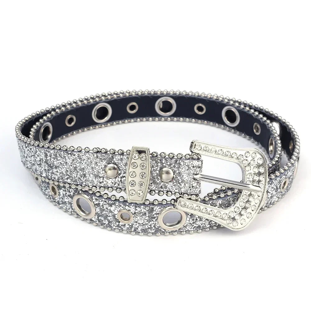 Ceinture femme mode Y2K – imprimé uni, cloutée, entièrement ornée de strass, en cuir PU, brillante style cristal, réglable, ceinture scintillante pour club et soirée