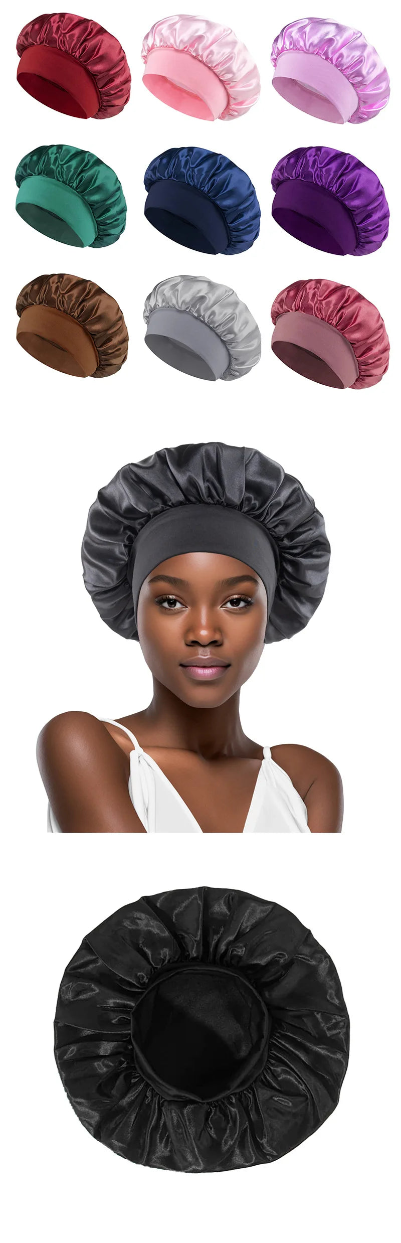 Bonnet en Satin pour femmes, pour dormir, soins capillaires, Bonnets en soie, solide, à larges bords, avec bande élastique souple