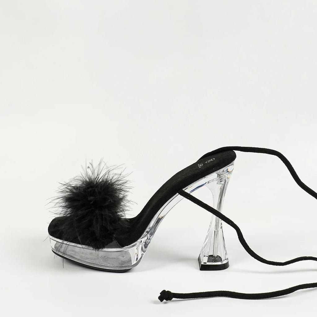 Nouvelles sandales d’été pour femmes en fourrure, à lacets autour de la cheville, talons hauts pour soirée (12 cm), modèles transparents avec cristaux, chaussures grandes tailles pour femmes, talons à bout carré.