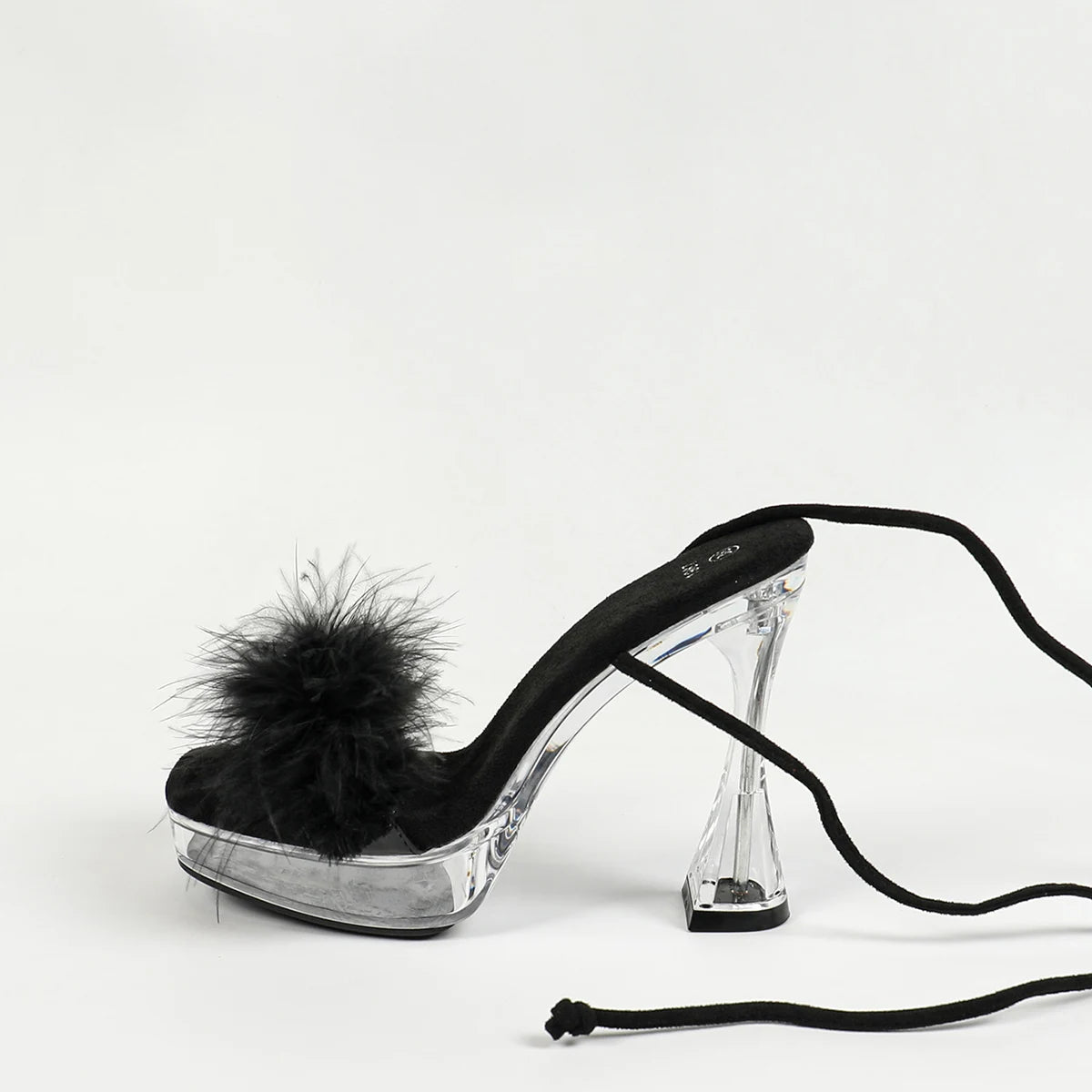 Nouvelles sandales d’été pour femmes en fourrure, à lacets autour de la cheville, talons hauts pour soirée (12 cm), modèles transparents avec cristaux, chaussures grandes tailles pour femmes, talons à bout carré.