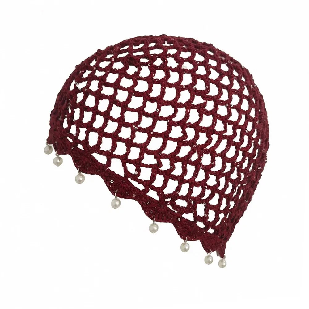 Bonnet en crochet ajouré tressé respirant avec perles et franges, style rétro, pour femme, été