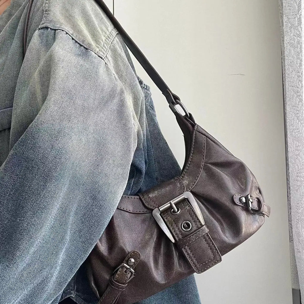 Sac à bandoulière en cuir vintage style Maillard rétro, petit sac tendance Y2K style Wasteland pour femme, collection Printemps 2026