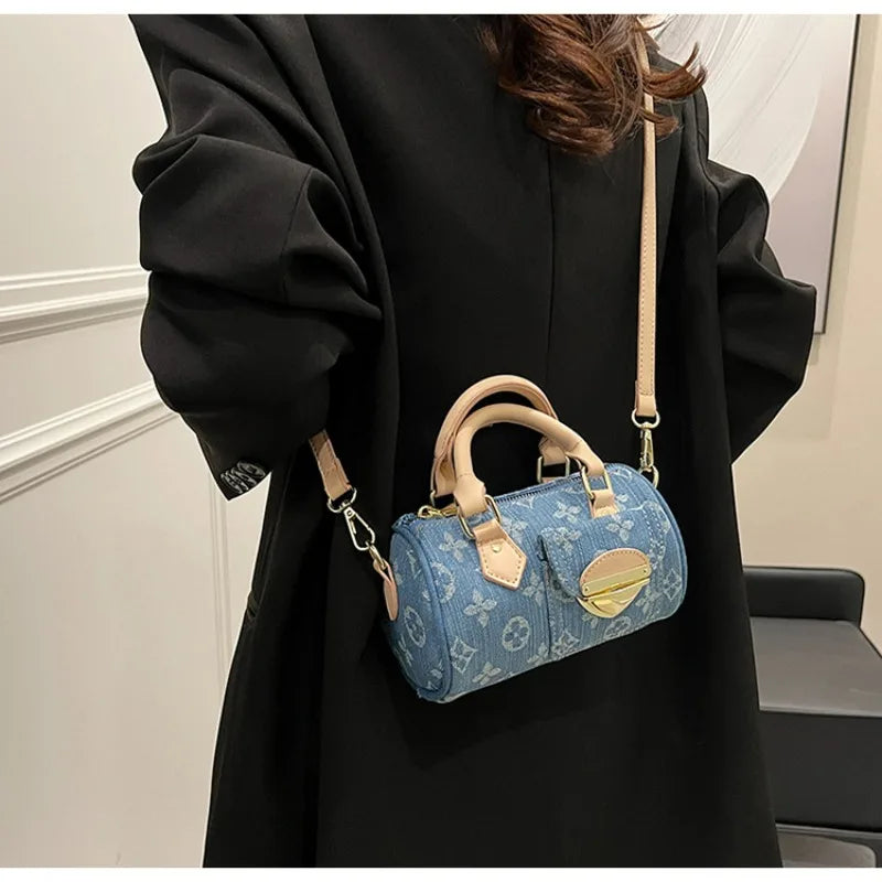 Sacs en jean tendance pour femmes, sacs bandoulière élégants et polyvalents, sacs à main cylindriques ronds à la mode