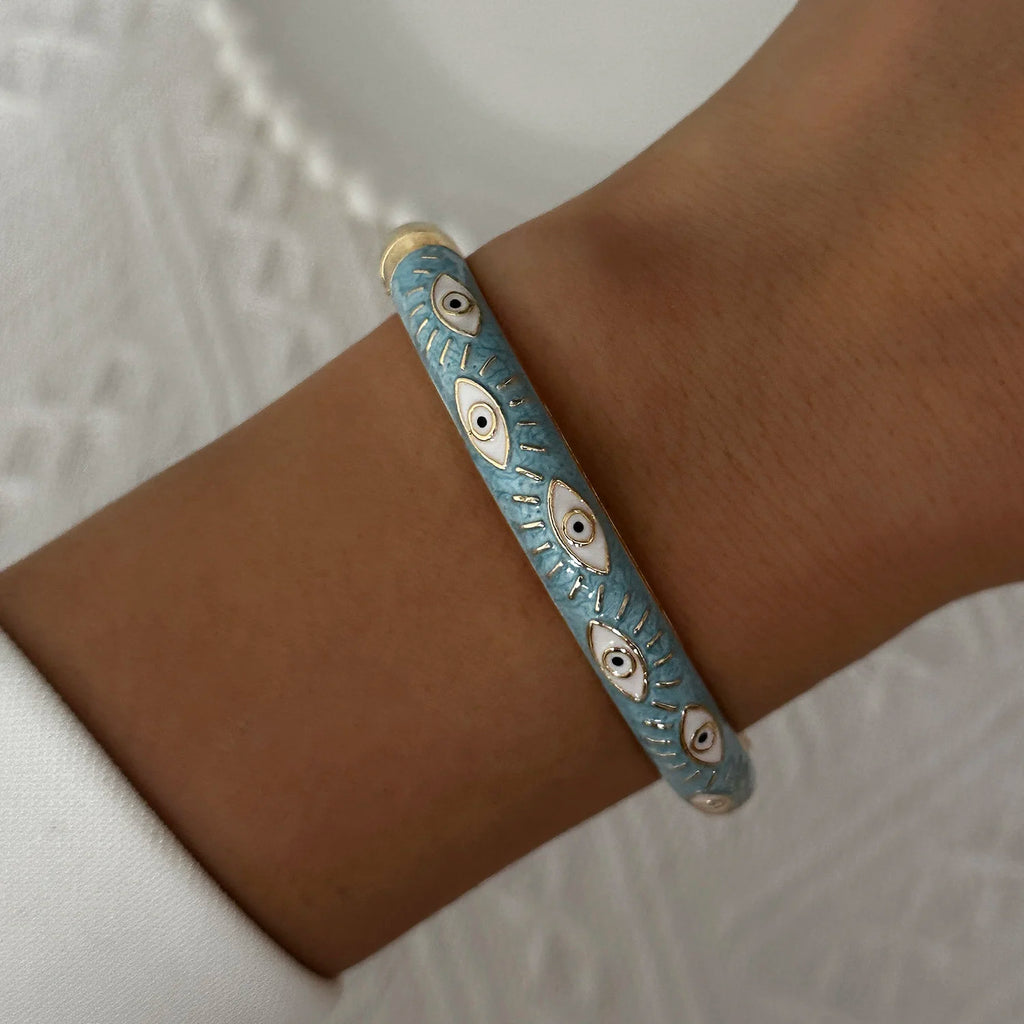 Bracelet élégant en émail goutte d'eau à texture florale pour femme, plaqué or rétro, avec zircon floral et motif œil porte-bonheur, bijou de fête