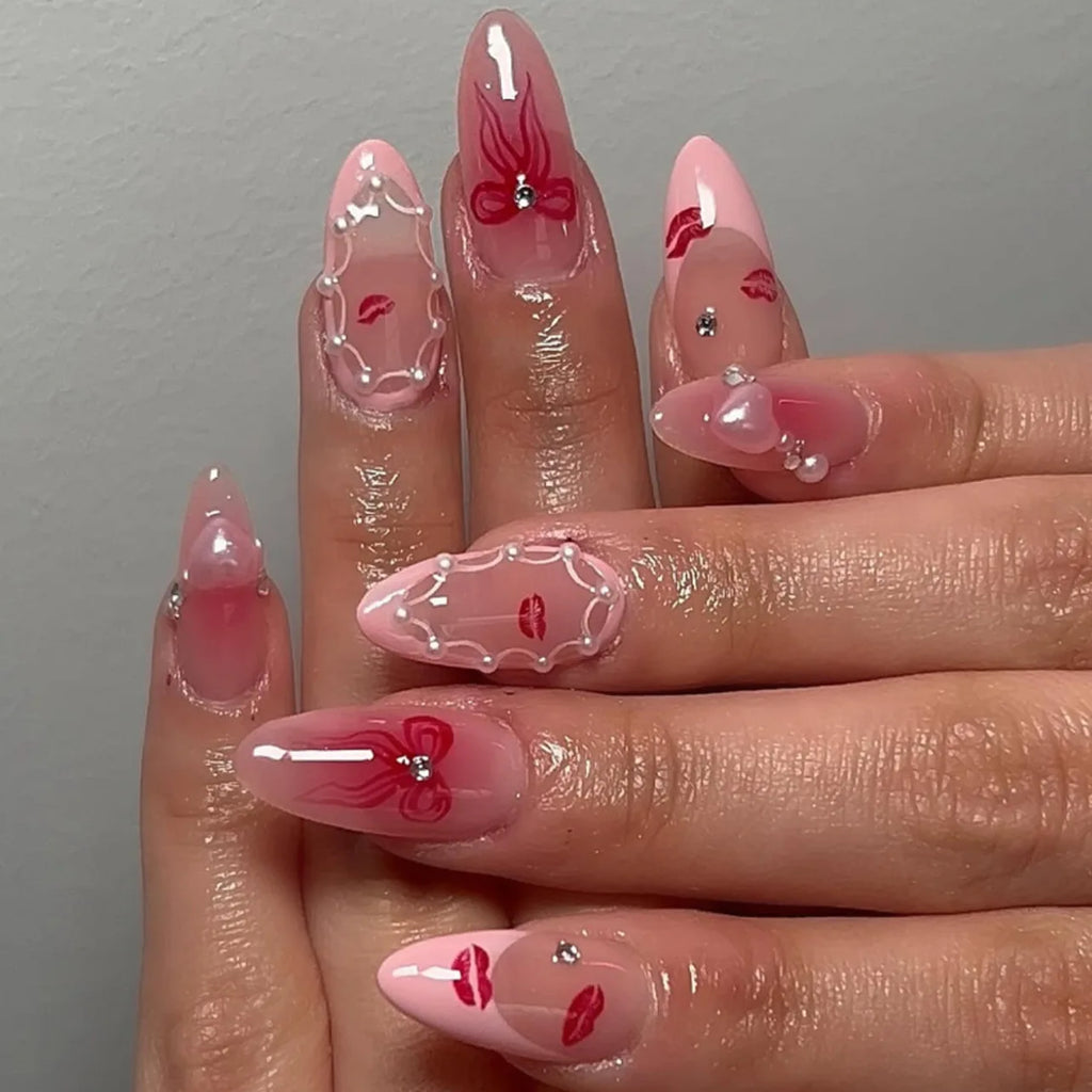 24 pièces de faux ongles à fleurs, style tendance, avec effet dégradé jaune et rose. Ongles portables à couverture complète, forme amande , à poser directement (Press-On Nails).