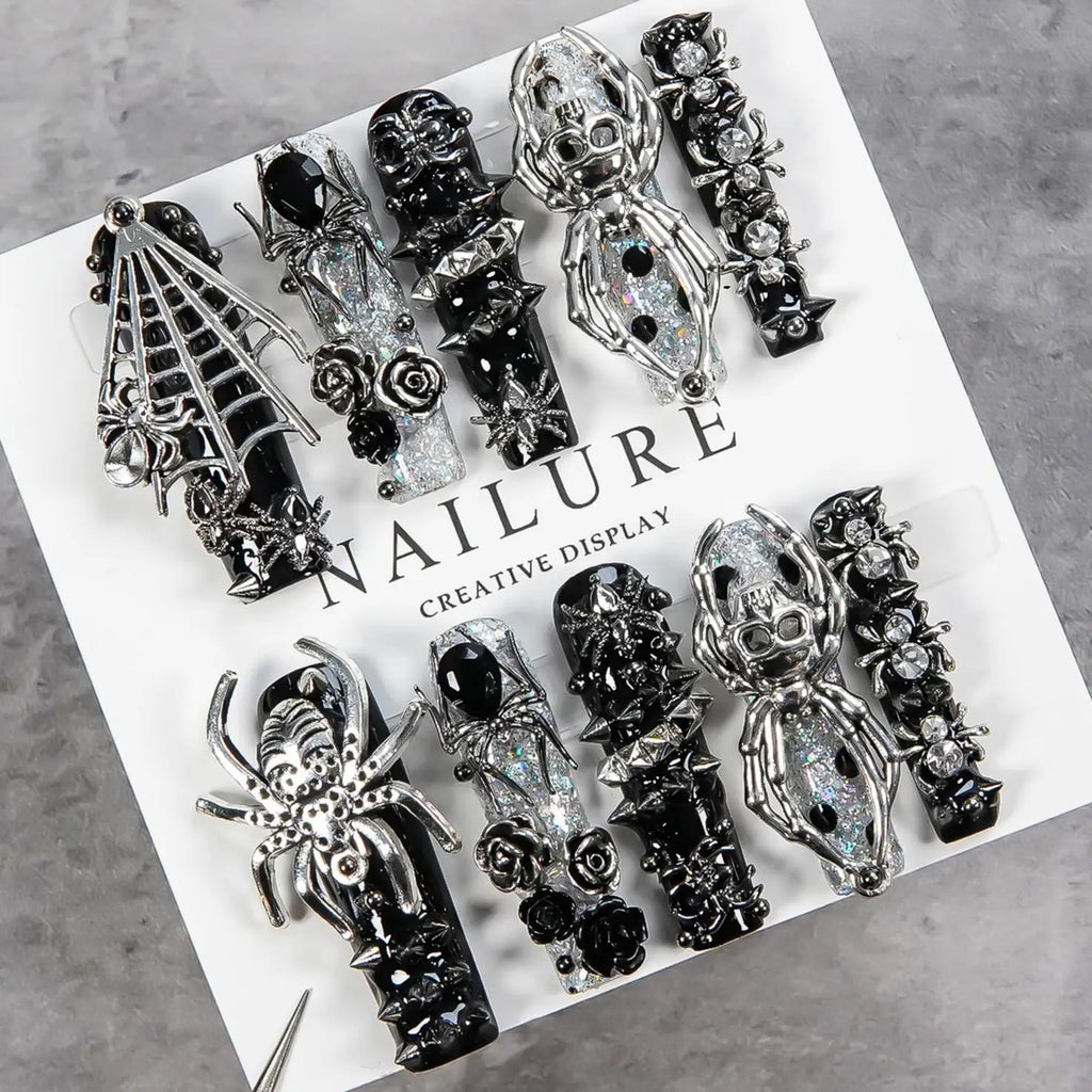 Faux ongles gothiques foncés faits à la main, motif crâne d'araignée, résistants, longs et détachables, style gothique
