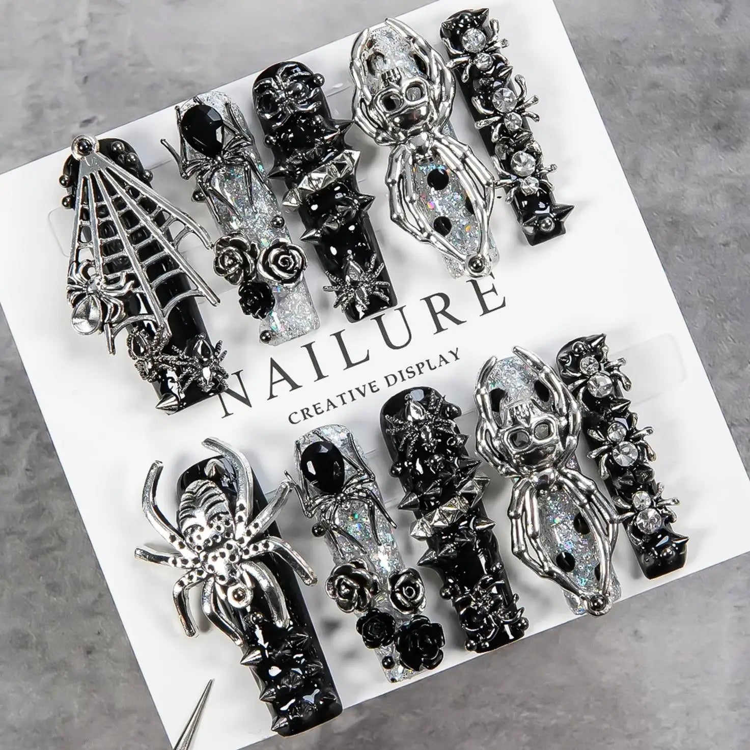 Faux ongles gothiques foncés faits à la main, motif crâne d'araignée, résistants, longs et détachables, style gothique