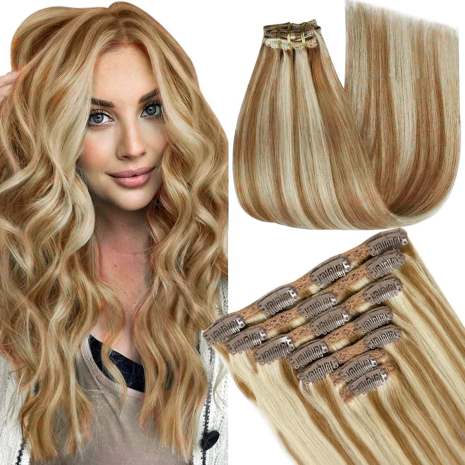 100% vrais cheveux humains blonds Clips dans les Extensions de cheveux paquets naturel noir en vrac blond 613 couleur Piano cheveux brésiliens 30 pouces