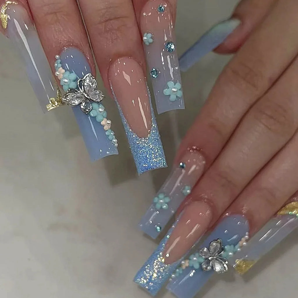 24 pièces – faux ongles longs carrés style français, design cœur 3D, ongles press-on avec strass, motif décoratif, faux ongles portables pour nail art