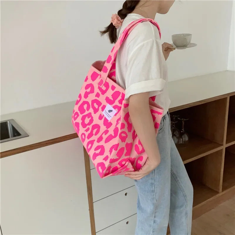 Sac à main imprimé léopard rose pour femme, grande capacité, sac à provisions portable, sac de livre étudiant, fourre-tout unique initié, nouvelle mode