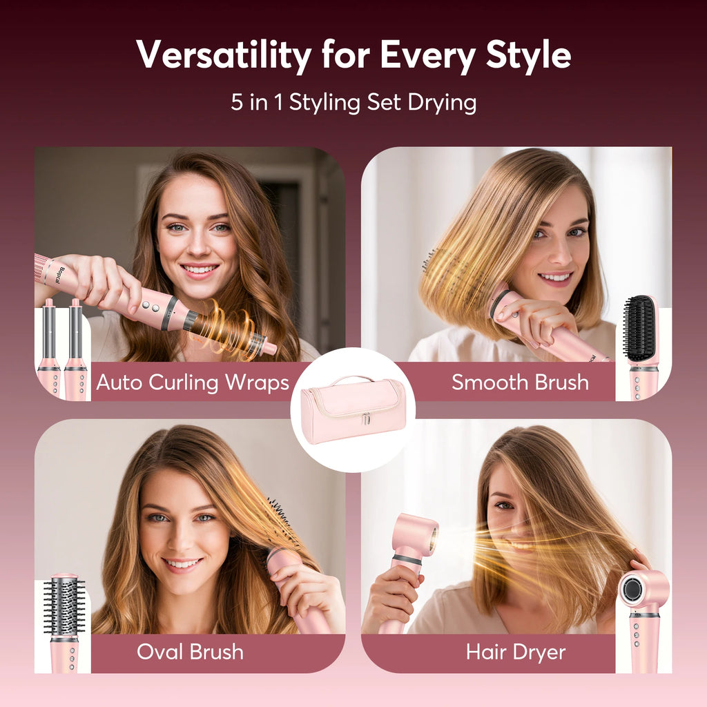 Styler de cheveux 5 en 1 avec sac de voyage, enveloppe d'air 1200W, sèche-cheveux, brosse à lisser et sèche-cheveux pour plusieurs coiffures, maison, hôtel