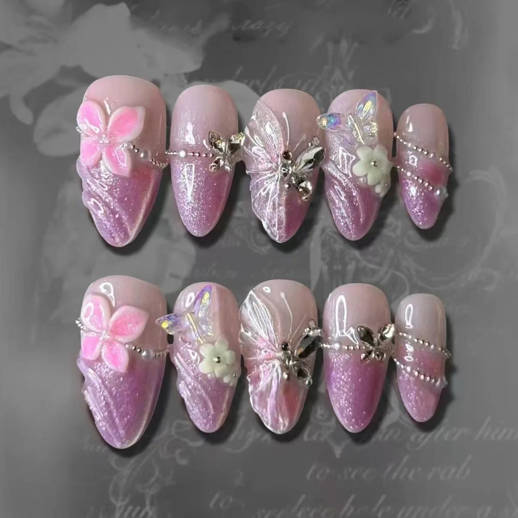 24 pièces mi-long doré amande ongles ensemble presse sur 3D fleur dégradé rose couverture complète faux ongles conseils perle réutilisable faux ongles