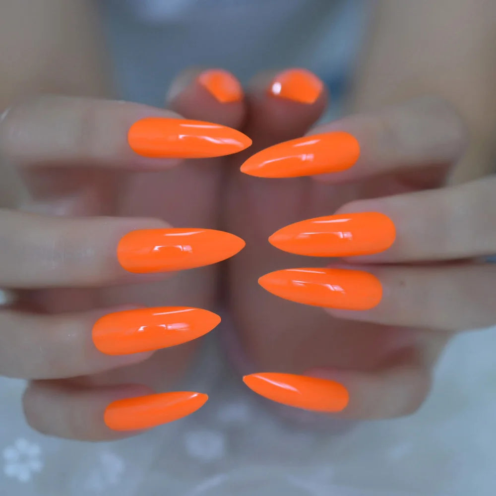 Faux ongles néon extrêmement longs, Orange vif, à pression, Style carnaval, décoration, conseils de manucure, pour Salon de manucure, 24
