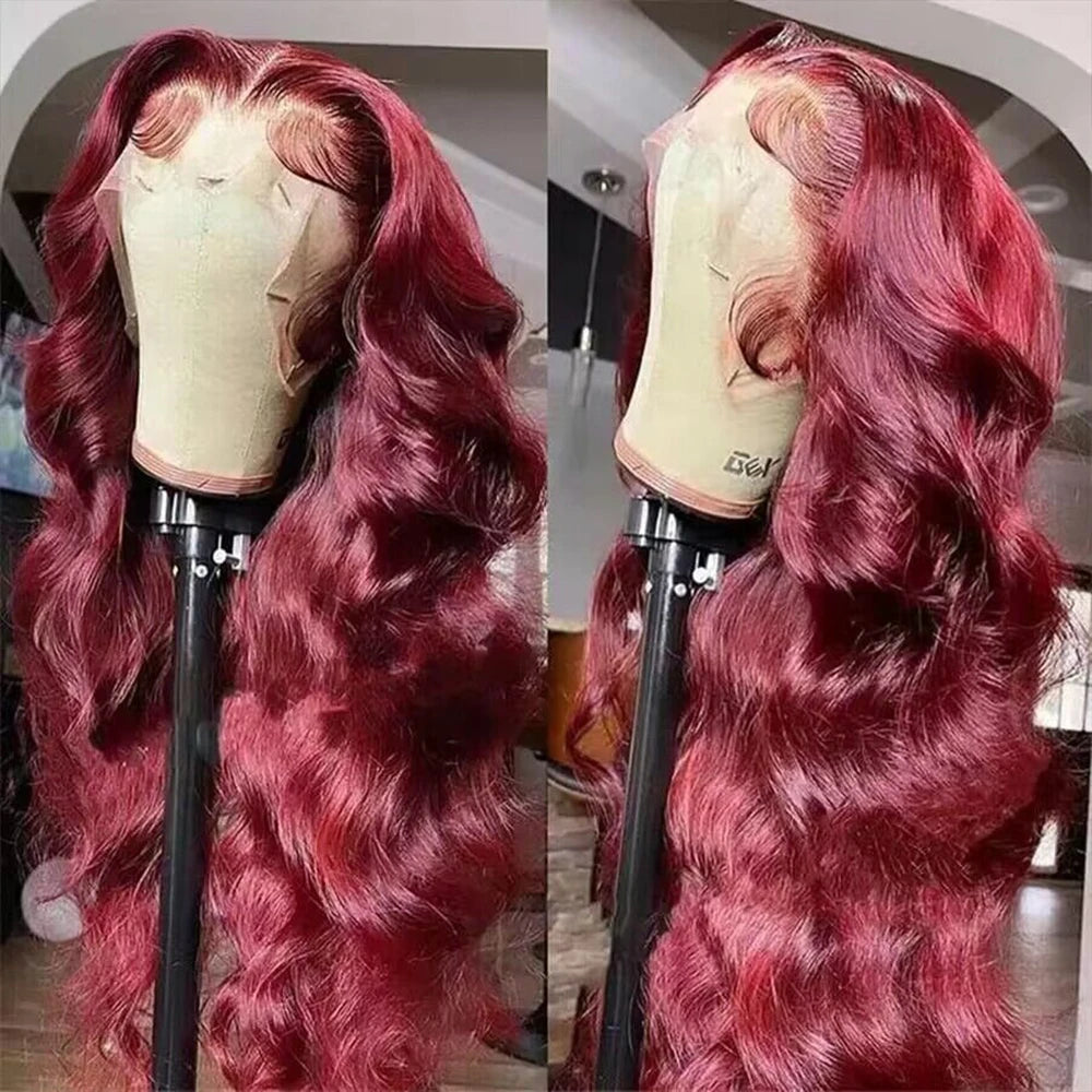 Perruque Lace Front Wig Body Wave Brésilienne Naturelle, Cheveux Humains, Couleur Rouge Bordeaux 99j, 13x6, 13x4, 30 ou 36 Pouces, Densité 200, pour Femme