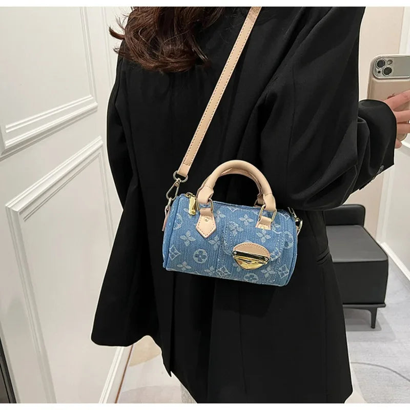 Sacs en jean tendance pour femmes, sacs bandoulière élégants et polyvalents, sacs à main cylindriques ronds à la mode