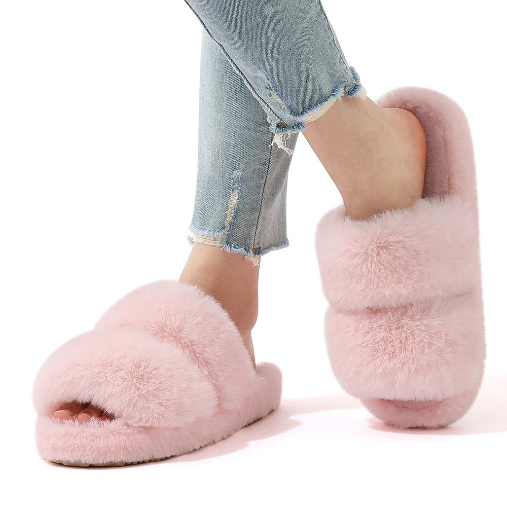 Evshine nouvelles mules à bout ouvert en fausse fourrure, chaussons d’intérieur chauds pour femme. Sandales d’intérieur tendance en peluche, confortables et moelleuses, chaussures de maison pour femme, chaussons d’hiver duveteux.