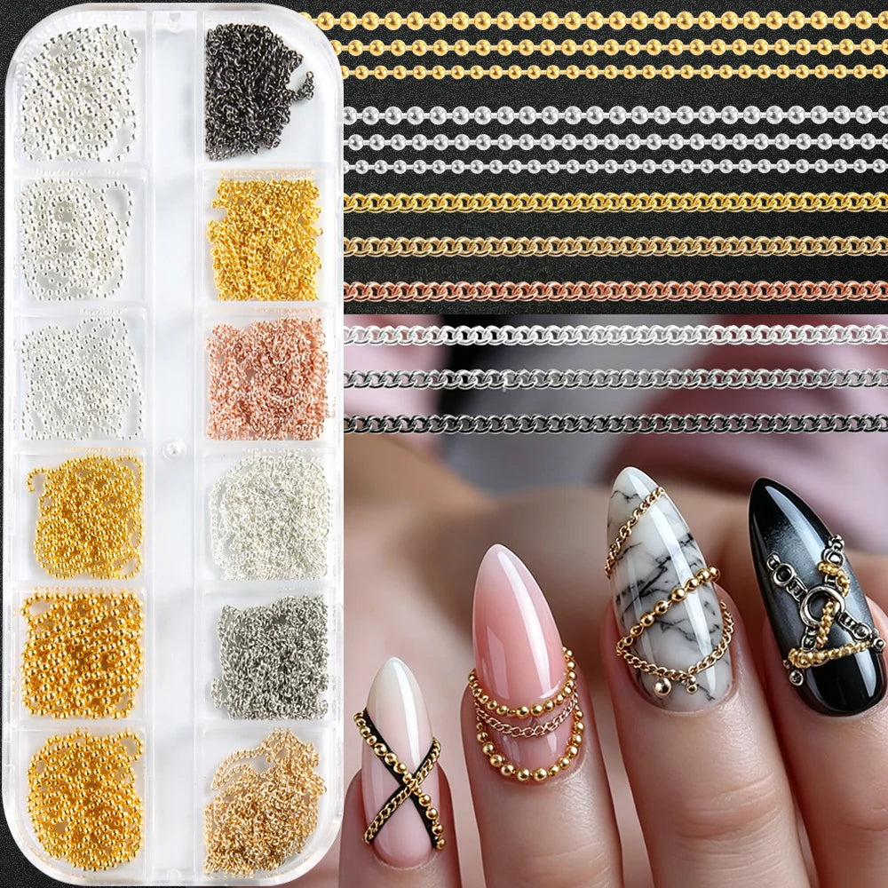 12 grilles de chaînes à ongles 3D en or, argent, gris foncé et rose, style gothique punk, breloques en métal pour nail art, chaînes en alliage, décorations pour manucure