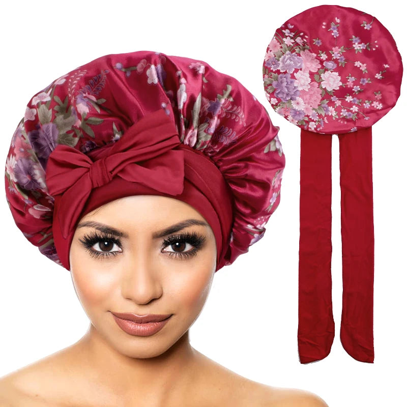 Nouveau Bonnet en Satin pour dormir, couverture de cheveux bouclés, Bonnet de nuit soyeux pour femmes, grand Bonnet de sommeil soyeux avec cravate