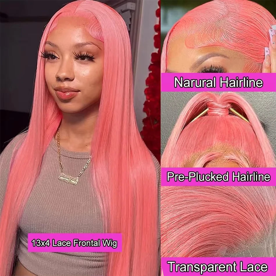 Perruque Lace Frontale HD Rose 13x6 en Cheveux Humains Brésiliens Lisses – Pré-épilée (Pre-Plucked), avec dentelle HD transparente, cheveux humains brésiliens raides (“Bone Straight”), couleur rose éclatante. Disponible en version Lace Front 13x4 ou 13x6