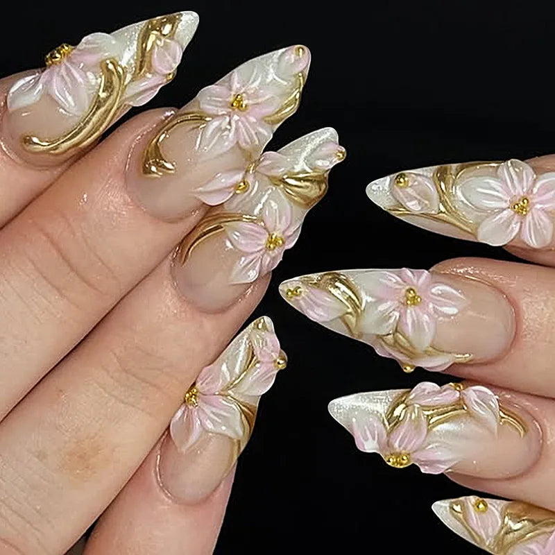24 pièces mi-long doré amande ongles ensemble presse sur 3D fleur dégradé rose couverture complète faux ongles conseils perle réutilisable faux ongles
