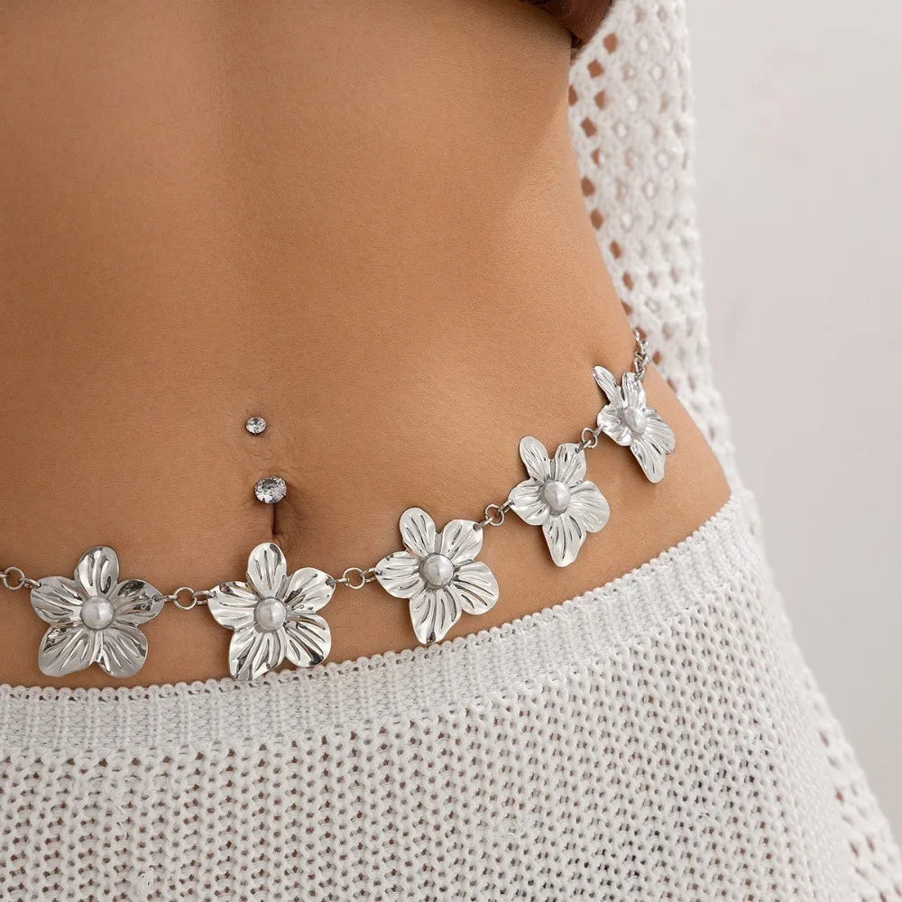 Chaîne de taille Punk pour femmes, réglable, pétale en métal, fleur, rétro, or/argent, ceinture