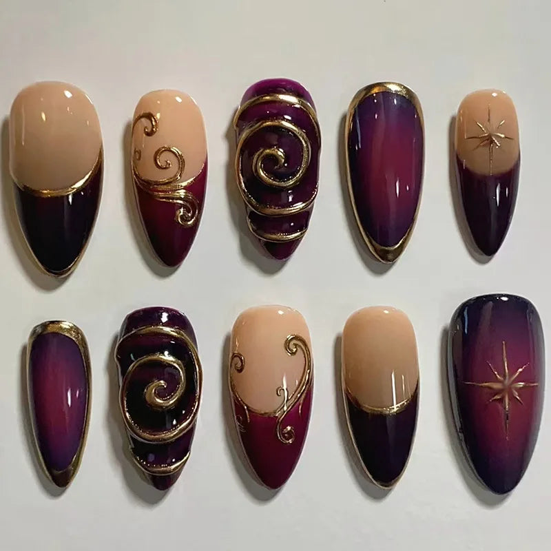 24 pièces mi-long doré amande ongles ensemble presse sur 3D fleur dégradé rose couverture complète faux ongles conseils perle réutilisable faux ongles