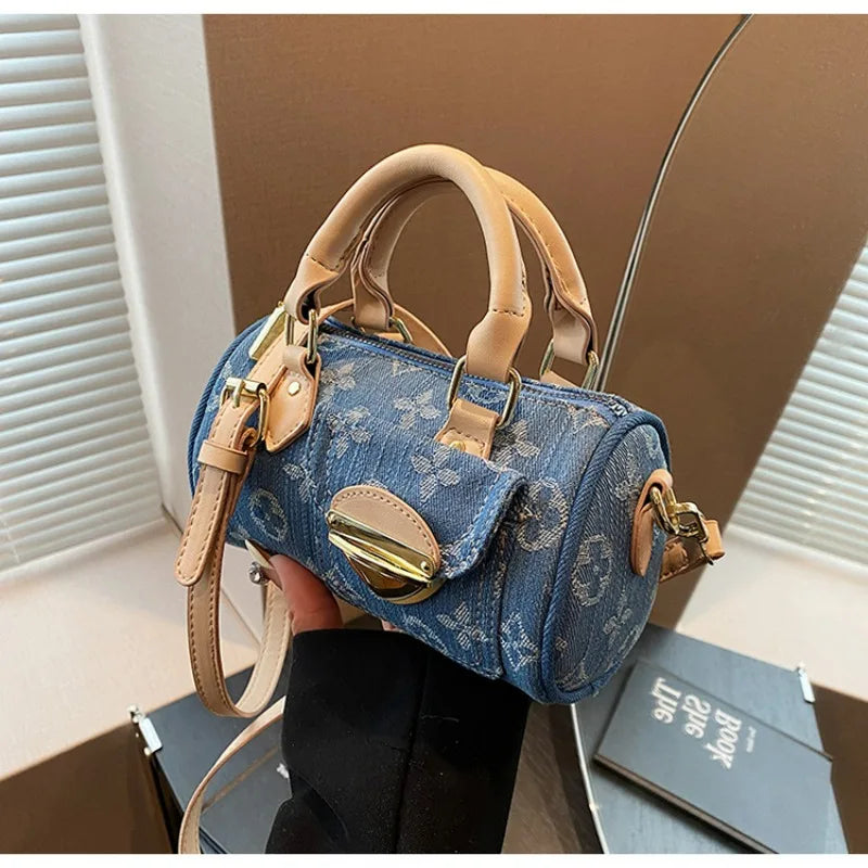 Sacs en jean tendance pour femmes, sacs bandoulière élégants et polyvalents, sacs à main cylindriques ronds à la mode