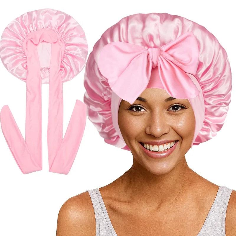 Nouveau bonnet de nuit en satin uni avec bande élastique extensible à nouer pour femmes, bonnet de douche ajustable, bonnet/turban pour couvrir les cheveux.