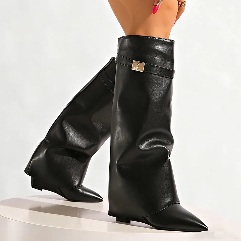 Bottes hautes jusqu’aux genoux en cuir PU noir pour femme, bottes sexy à bout pointu et tige droite, style punk féminin, bottes longues à talons compensés hauts pour femme.