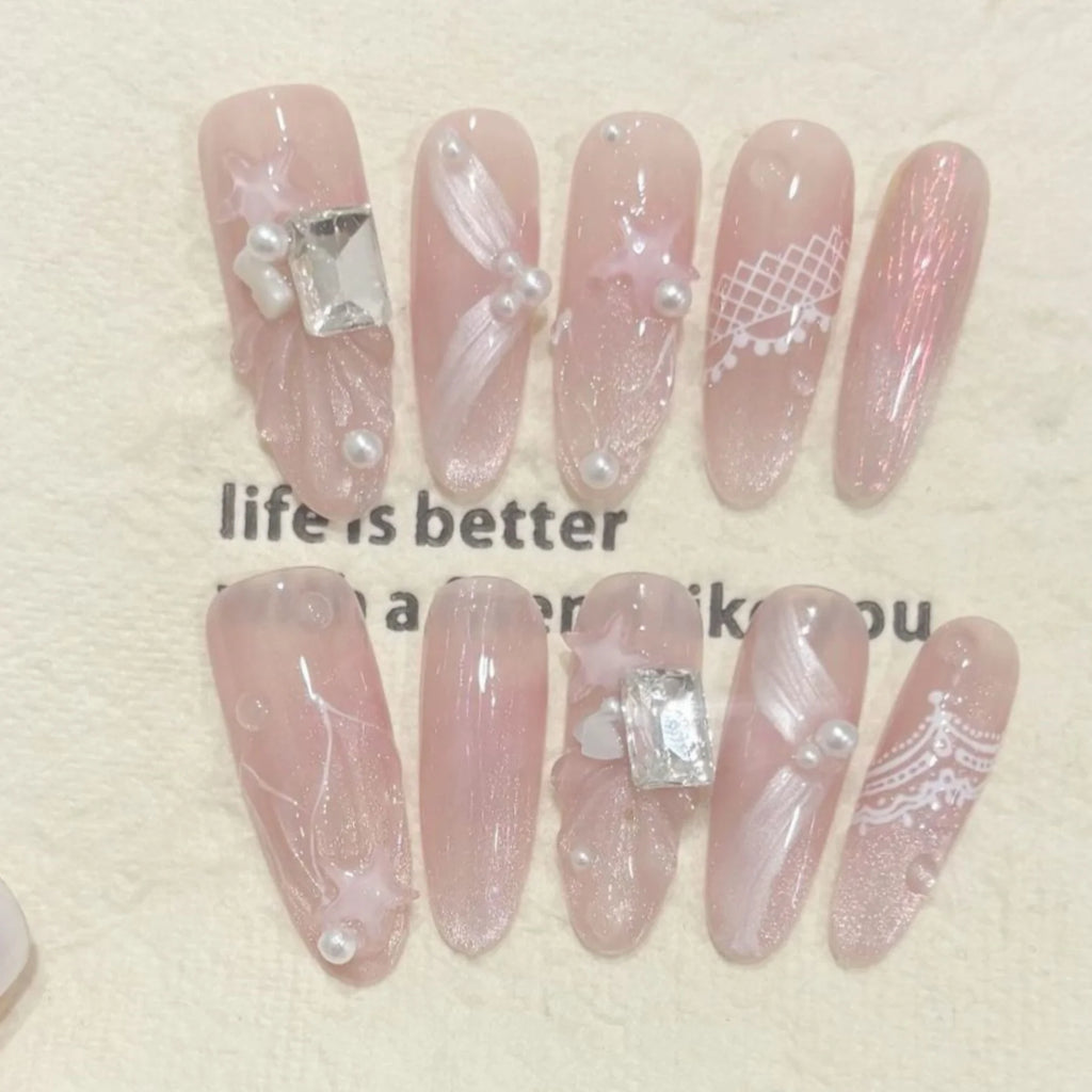 10 pièces oeil de chat rouge faux ongles faits à la main conseils fleur de serpent conception longue ovale faux ongles Art portable diamant amande presse sur les ongles