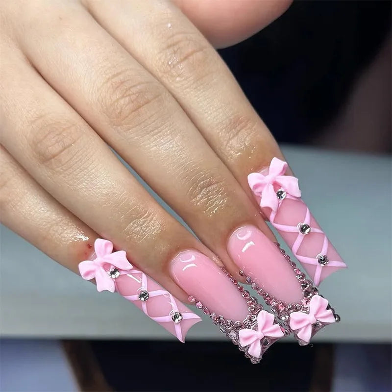 24 faux ongles longs carrés à presser, motif léopard, design cerise 3D, strass, couvrance totale, prêts à poser