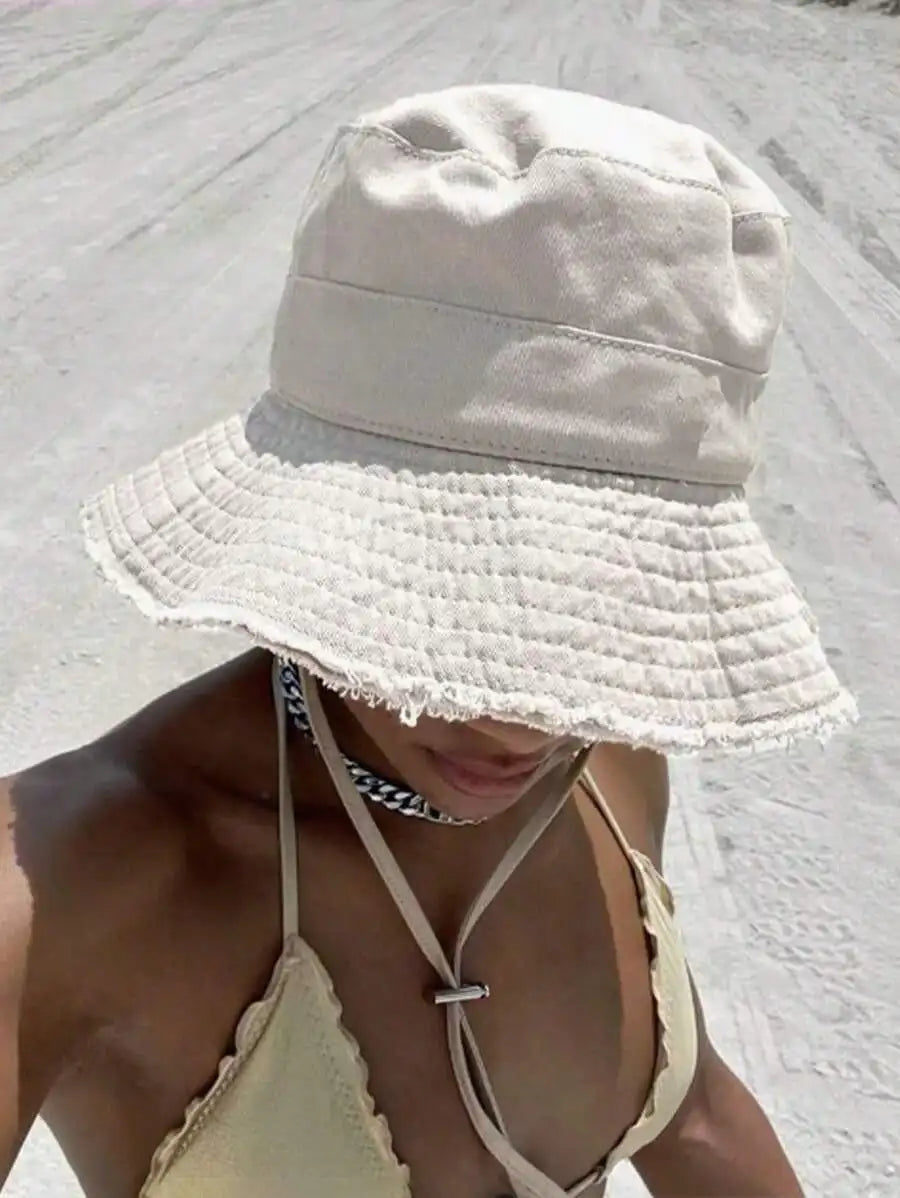 1 chapeau bob pour femme avec cordon de serrage et bords effilochés, chapeau bob d'extérieur avec sangle de menton réglable