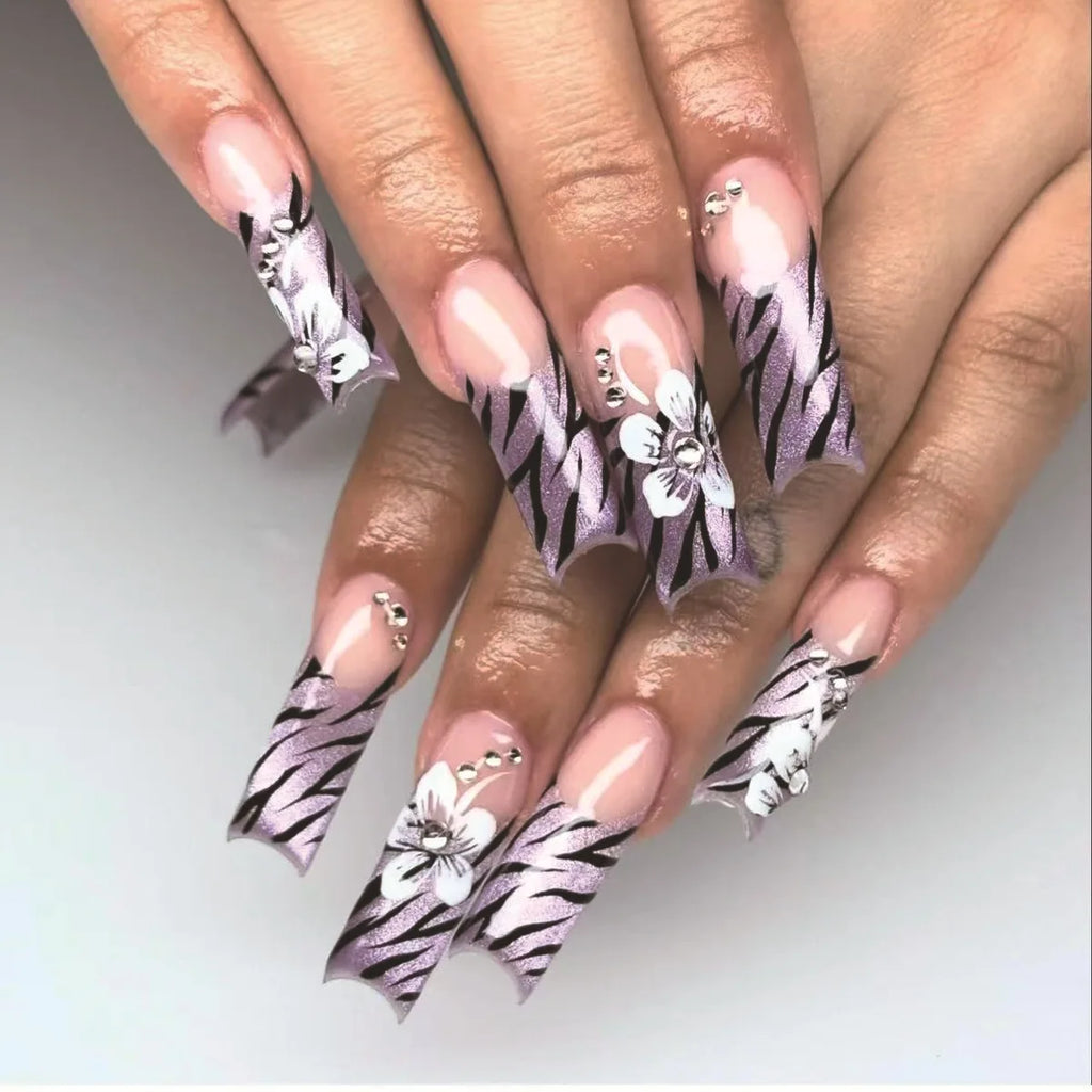 24 pièces – faux ongles longs carrés style français, design cœur 3D, ongles press-on avec strass, motif décoratif, faux ongles portables pour nail art