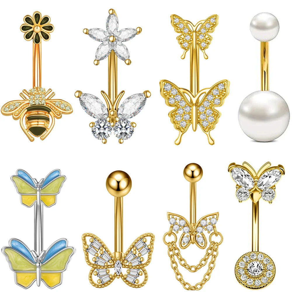 1 pièce Anneau de nombril incurvé en acier inoxydable couleur or avec cristaux CZ, motif papillon abeille, 14G, avec pendentif
