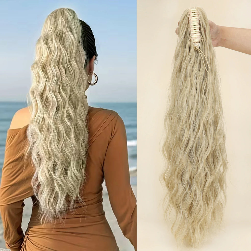 Queue de cheval synthétique ondulée effet Water Wave à pince, noire ou blonde, en fibre résistante à la chaleur, volumineuse et légèrement décoiffée, extension de cheveux pour femmes.