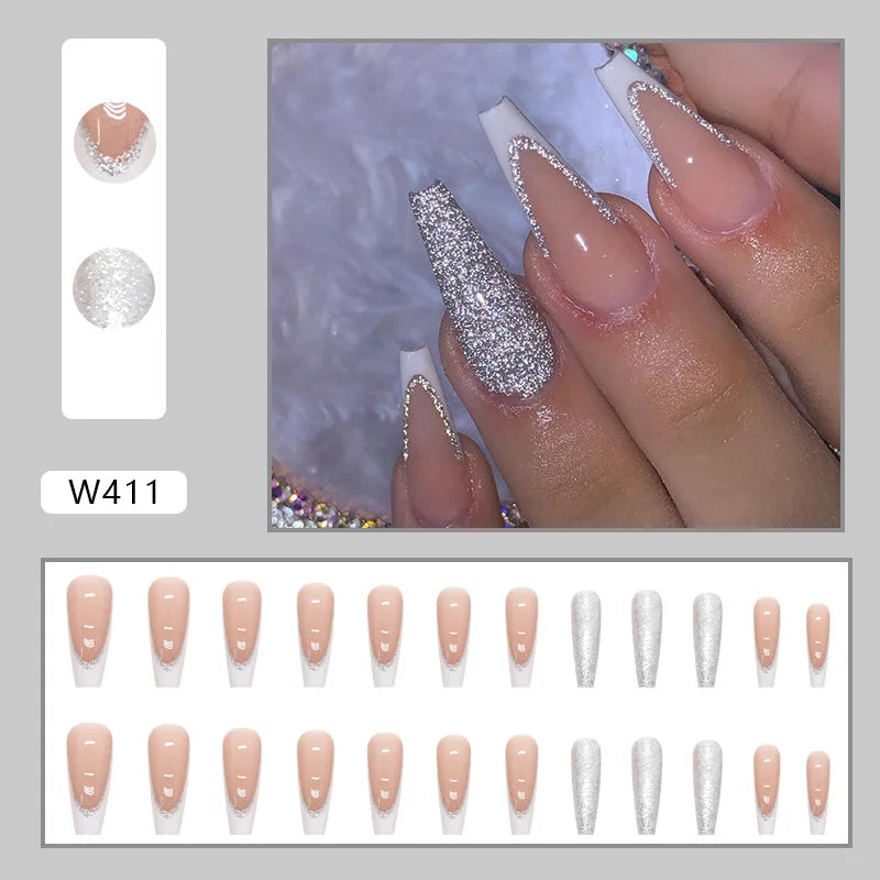 Faux Ongles Longs Bruns N64.Glitter Ballet Wearable, Design Français, Presse Complète sur Nail Ins, Nail Tips Art, 24Pcs