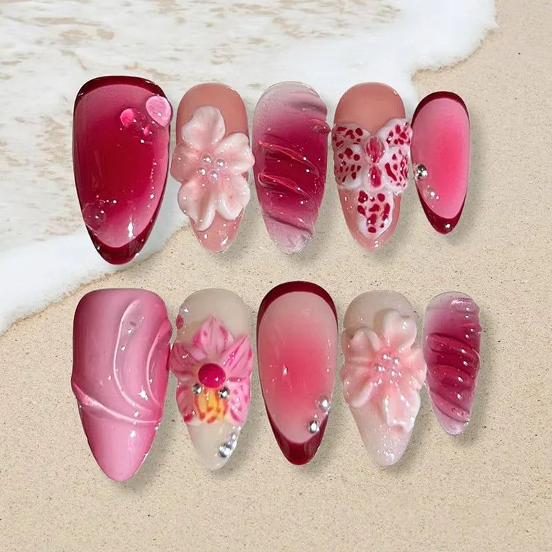 24 pièces mi-long doré amande ongles ensemble presse sur 3D fleur dégradé rose couverture complète faux ongles conseils perle réutilisable faux ongles