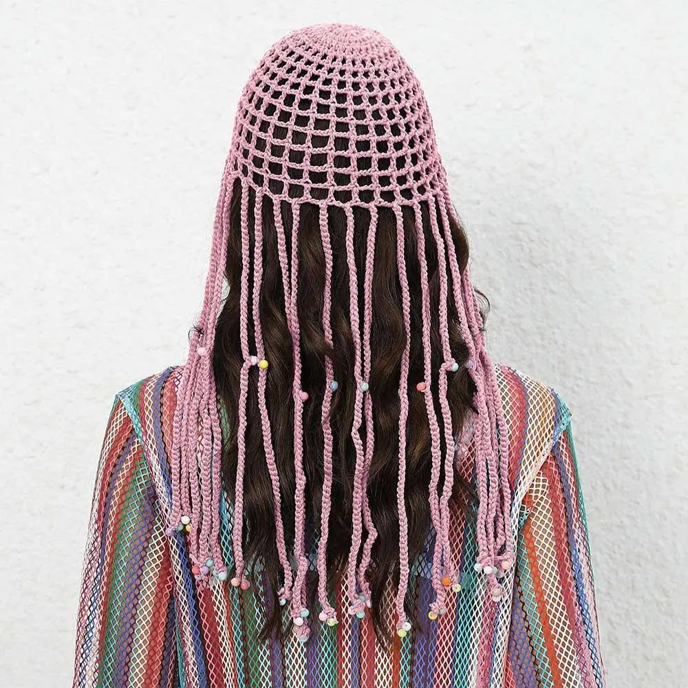 Chapeau tricoté ajouré respirant, béret Y2k fait à la main avec perles et pompons, chapeaux décontractés au Crochet pour femmes