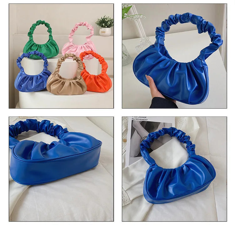 Sac à main élégant au design plissé effet nuage, conçu en cuir PU. Ce modèle moderne et féminin peut être porté à l’épaule ou sous le bras pour un look chic et décontracté.