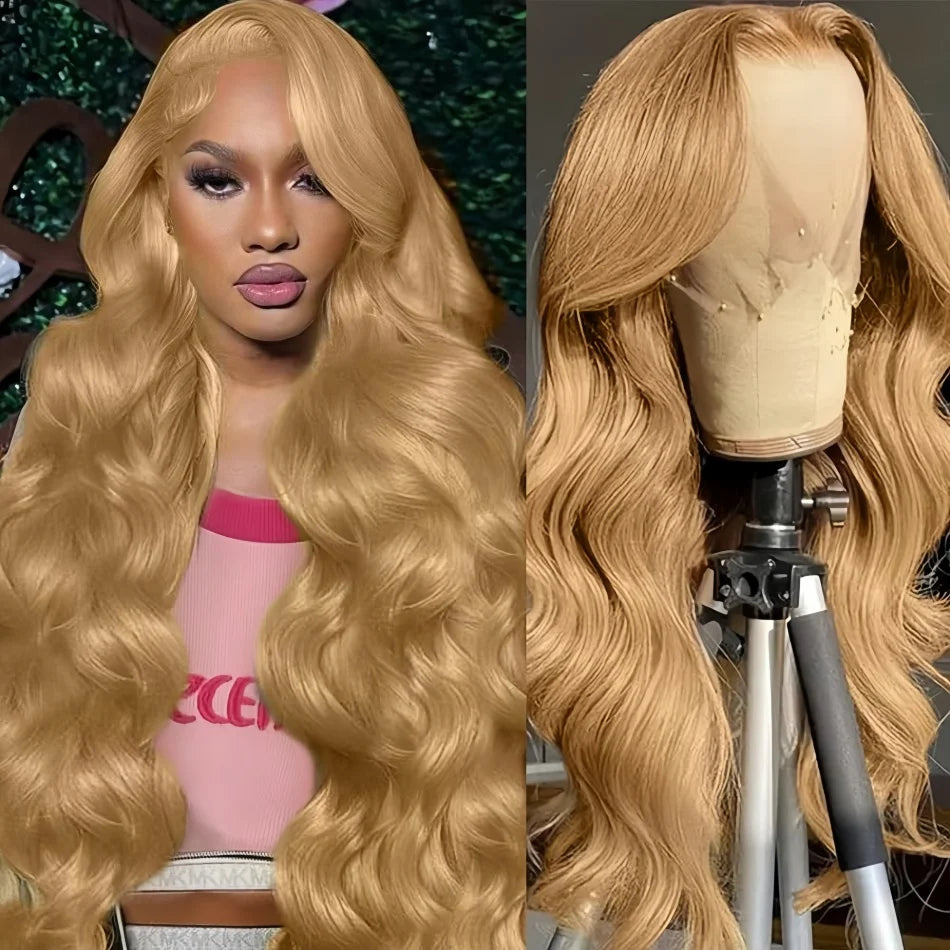 Perruques brésiliennes en cheveux humains ondulés, blond miel 27, avec dentelle frontale HD 13x6 et 13x4, densité 250, colorées et pré-épilées