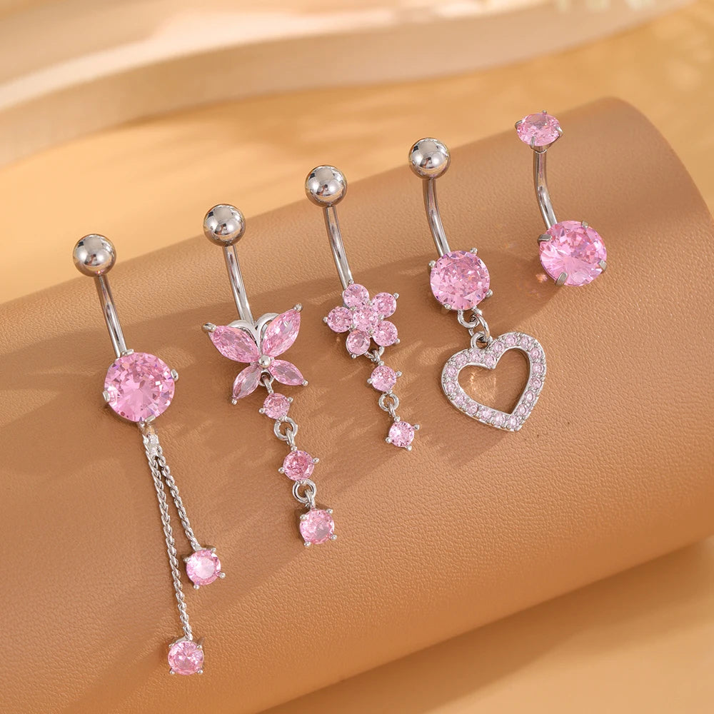 3-5 pièces ensembles de styles mixtes coeur fleur balancent nombril anneaux en acier inoxydable papillon incurvé Zircon ventre Piercing nombril anneau