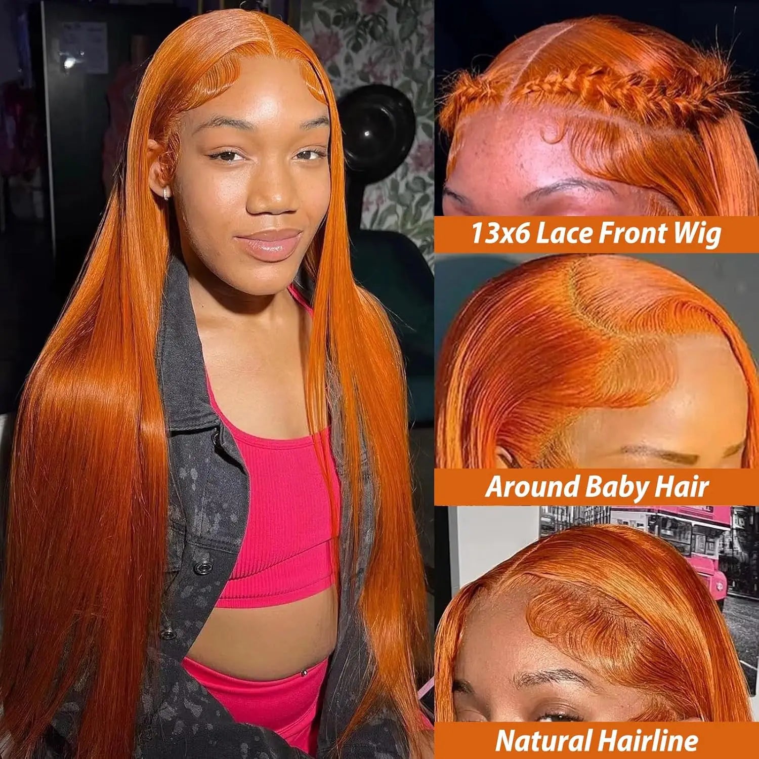 Perruque Lisse Orange Gingembre de 30 Pouces, Cheveux Humains Péruviens Colorés 350, Lace Frontale HD Transparente 13x6 13x4 pour Femmes