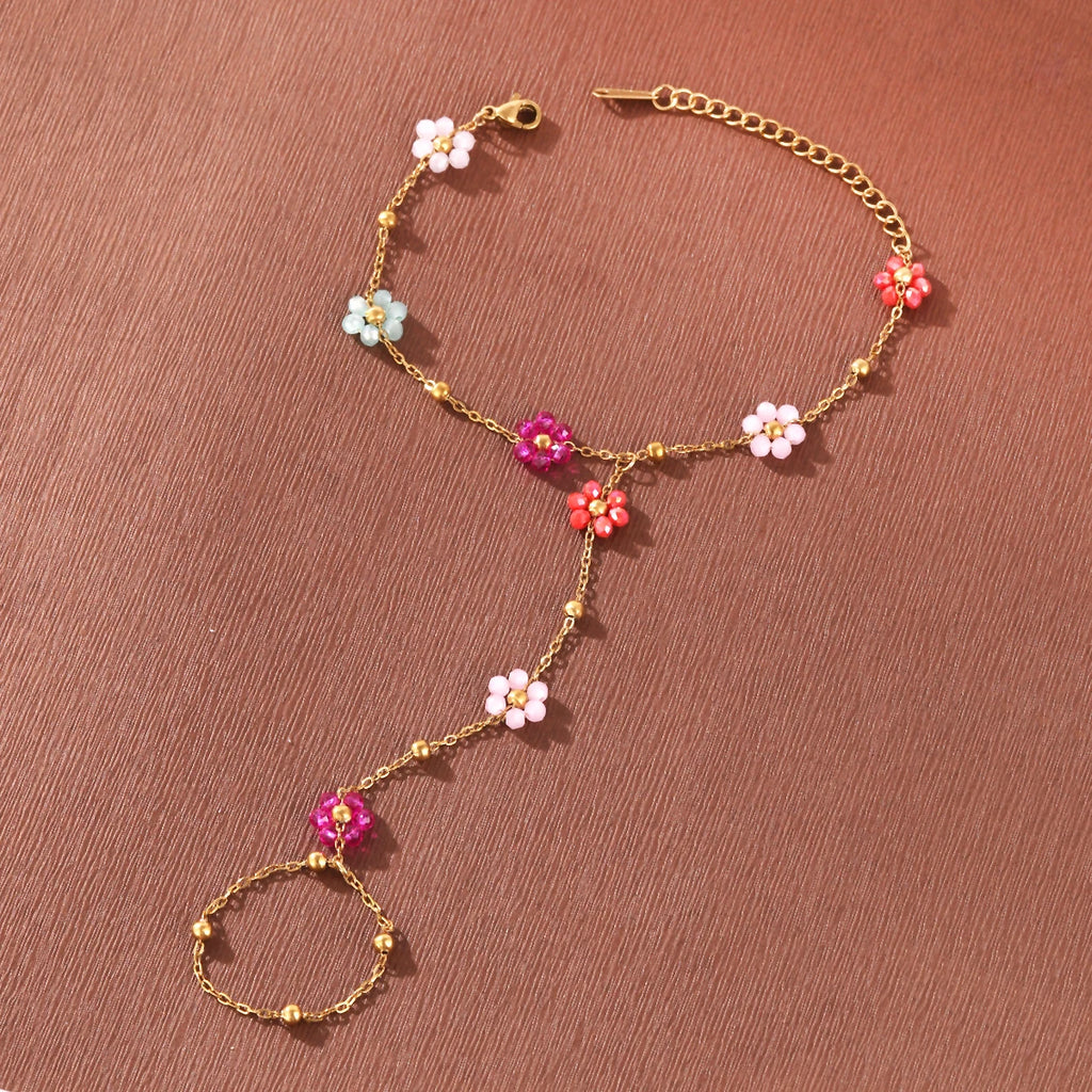 Nouveau Bracelet de Main et de Doigt Étanche en Perles de Cristal Colorées Dopamine avec Fleur pour Femme, Accessoires de Bijoux en Acier Inoxydable