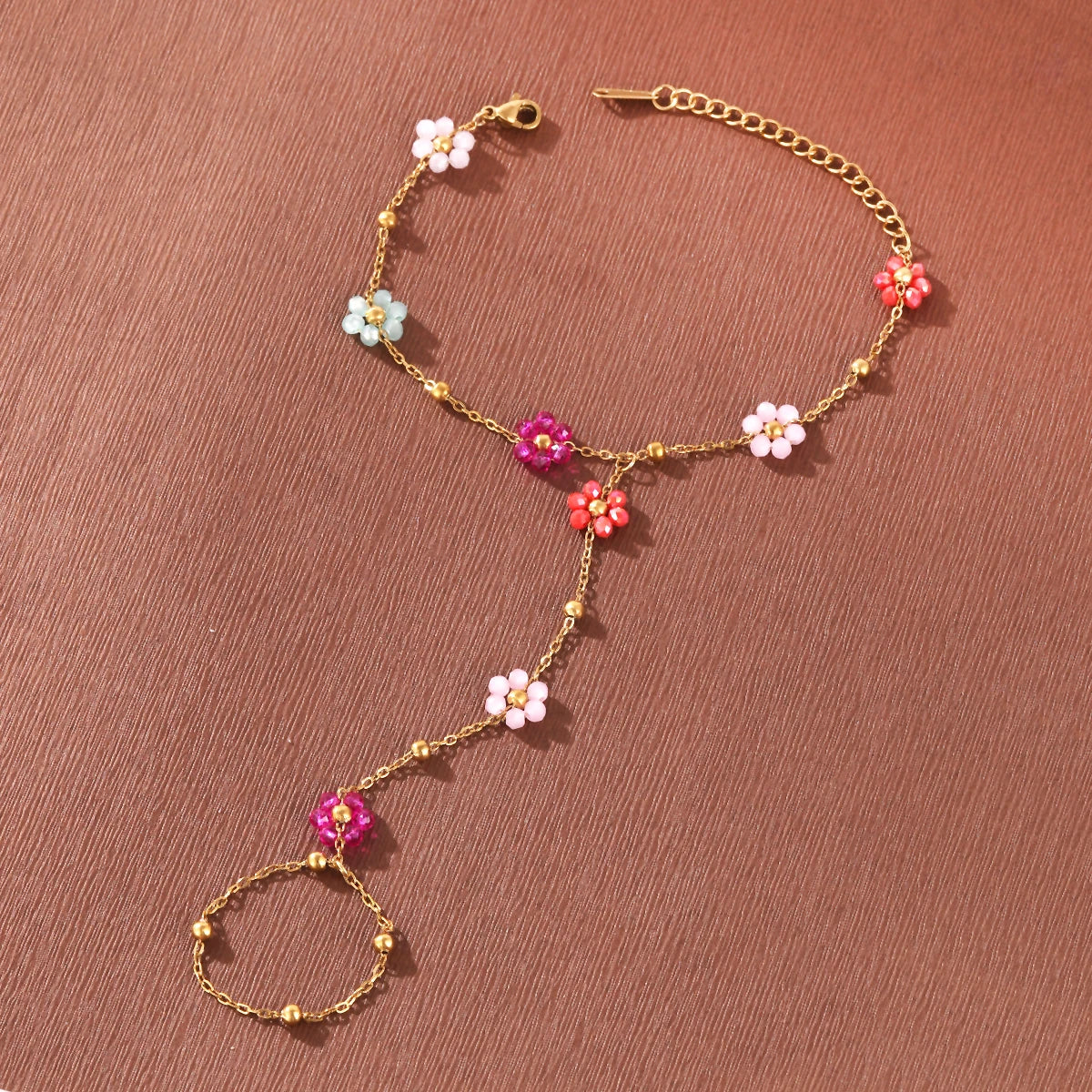 Nouveau Bracelet de Main et de Doigt Étanche en Perles de Cristal Colorées Dopamine avec Fleur pour Femme, Accessoires de Bijoux en Acier Inoxydable